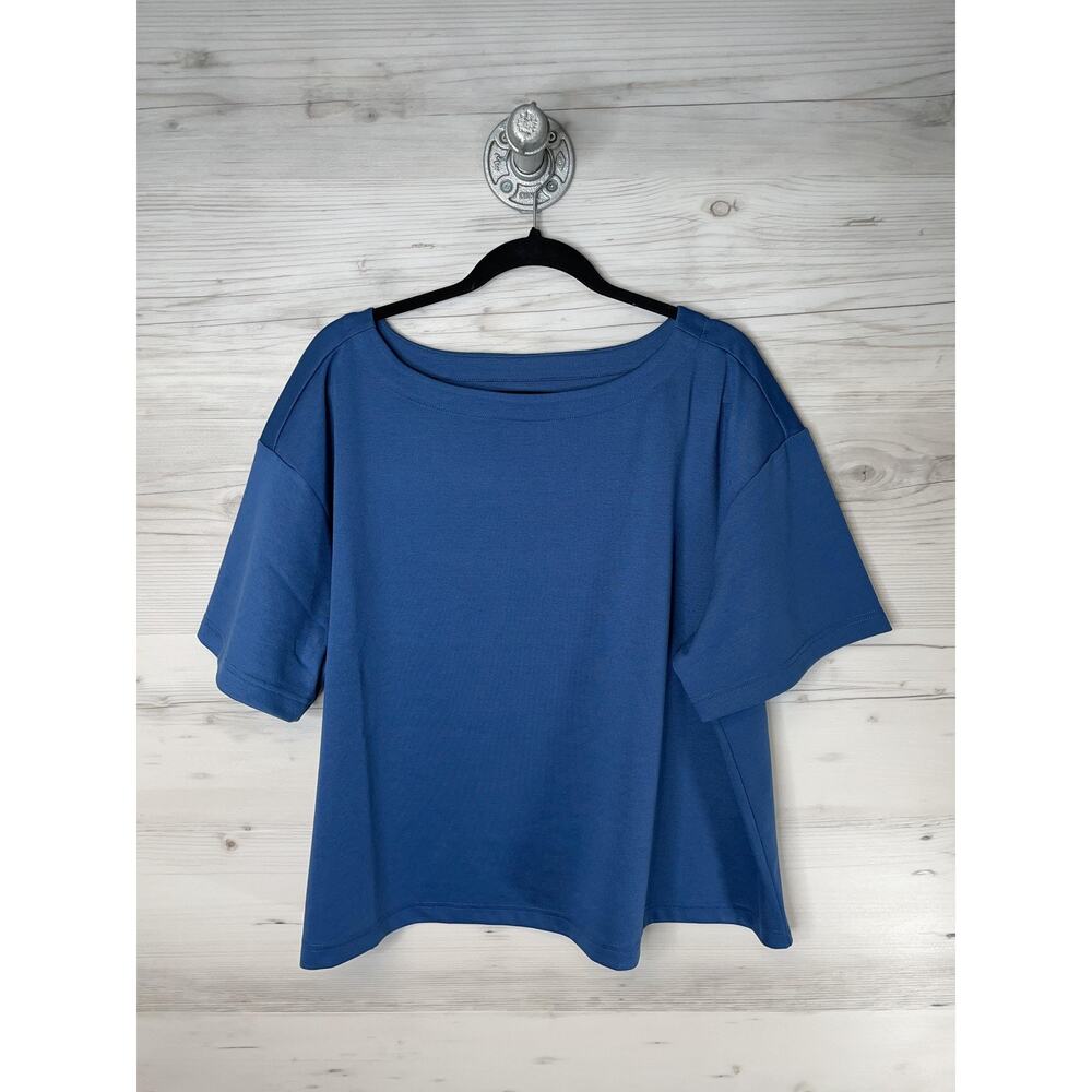 Lands' End Shirt Womens 2X 20W-22W Blue Boat Neck Short Sleeve Relaxed Stretch